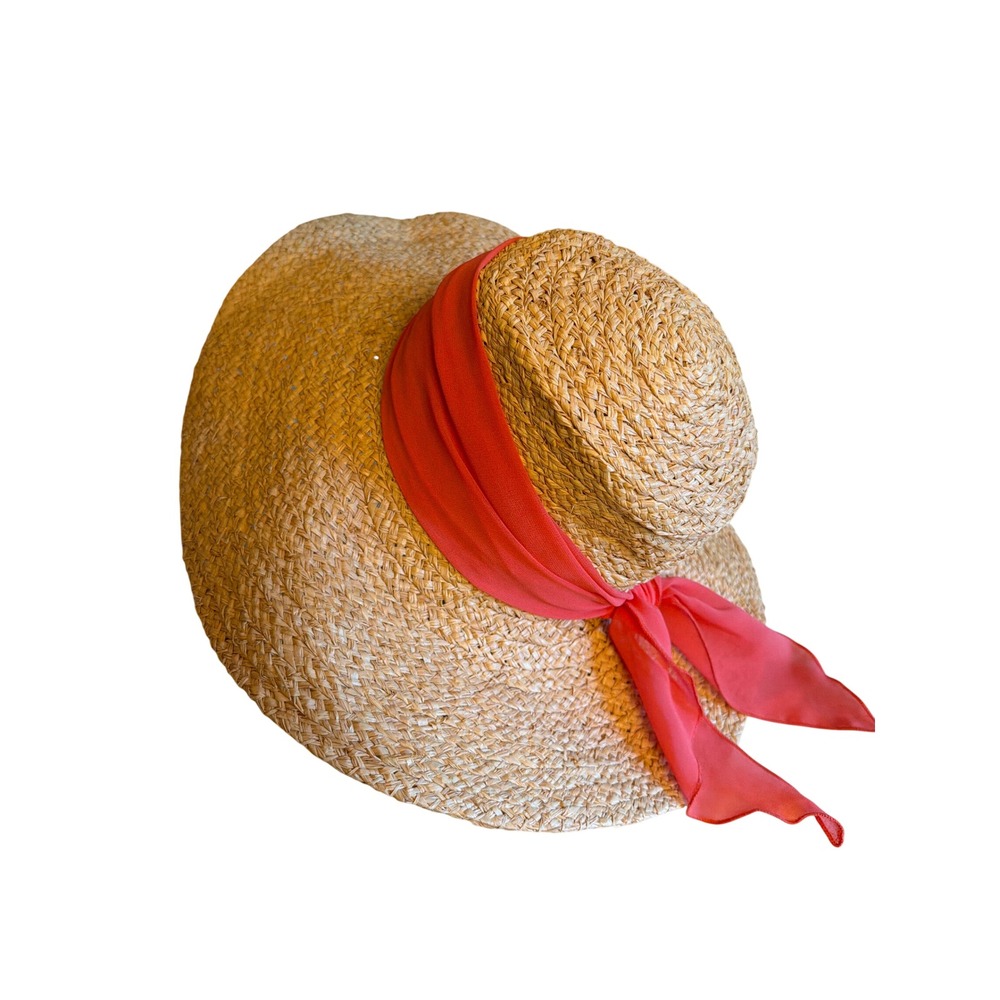 Scala Collezione Straw Hat Tan Wide Brim Floppy Sun Hat Coral Scarf Tie Raffia